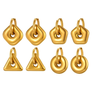 Golden geometric earring set with diamond, star, triangle and circle stainless steel hoops
