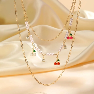 Layered Necklace Copper Gold Plated With Imitation Artificial Pearl Enamel Cherry Pendants Rhinestone Sweet Fashion For Women