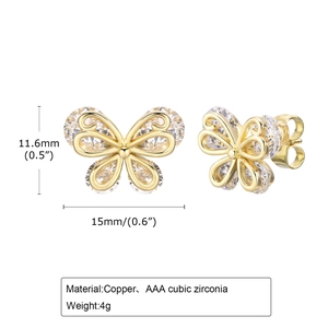 Elegant butterfly zircon earrings in gold-plated copper with AAA cubic zirconia stones