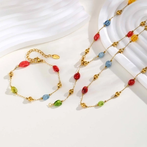 Set collana a Y e bracciale in acciaio inossidabile dorato con pietre naturali colorate