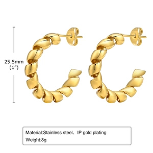 Detailed view of 25.5mm gold-plated stainless steel twisted hoop earrings with dimensions