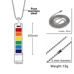 Detail view of rainbow pendant dimensions and clasp on stainless steel bead chain necklace