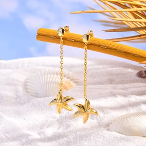 Boucles d'Oreilles Pendantes Étoile de Mer en Acier Inoxydable pour Femmes Or Plaqué Longue Chaîne Bijoux de Plage Été