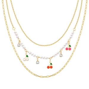 Three-layer gold necklace with paperclip chain, cherry charms and round pearls