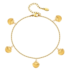 Golden stainless steel anklet with five shell pendants and K18 hallmark detail