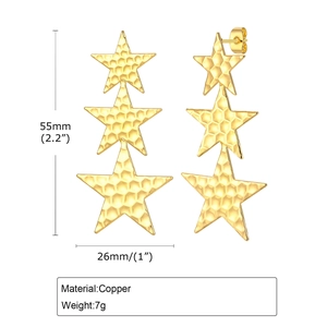 Golden geometric star drop earrings with hammered texture copper design for women