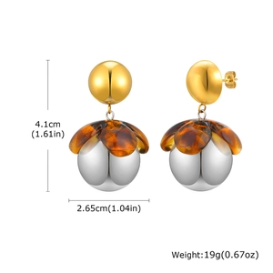 Detailed view showing 4.1cm x 2.65cm dimensions of mixed metal and resin flower earrings