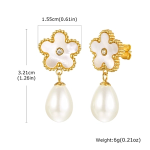 Detail showing dimensions of elegant gold flower earrings with pearl drops and zircons