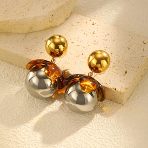 Retro stainless steel flower earrings with gold studs and silver polished spheres