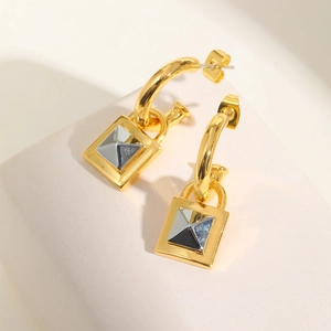 Mode Messing Geometrische C-Form Creolen Quadratische Schloss Anhänger Halskette Gold Silber Zweifarbig Punk Industriestil Schmuck