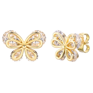 Elegant gold butterfly stud earrings with hollow wings and sparkling cubic zirconia stones