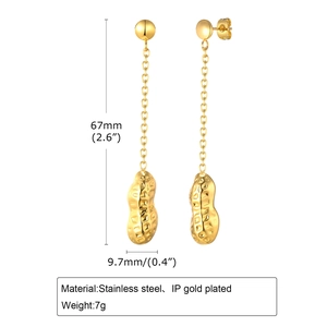 Detailed view of 18K gold plated peanut tassel earrings with size dimensions 67mm by 9.7mm