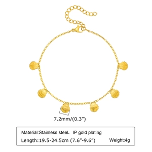 Detail showing gold shell anklet with stainless steel specifications and IP gold plating