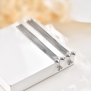 Détail des boucles d'oreilles à franges et rivets en acier inoxydable argenté sur support
