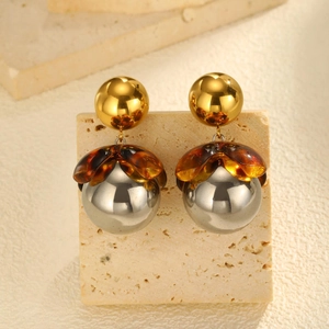 Artistic mixed-metal flower ball earrings with amber resin petals and polished spheres