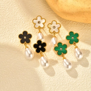 French Elegant Stainless Steel Zirconia Flower Faux Artificial Pearl Drop Earrings For Women Vintage Style Jewelry Accessory