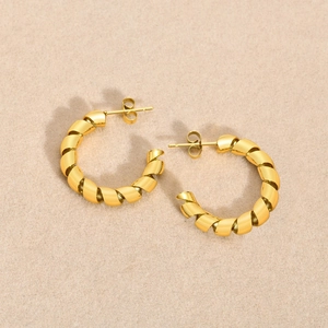Modern twisted gold hoop earrings with spiral design in polished stainless steel finish