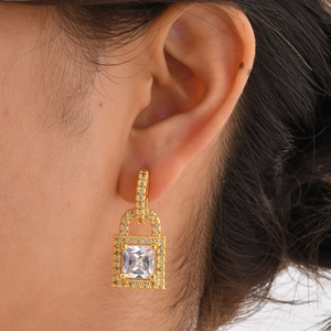 Golden padlock earrings with square cubic zirconia and pave rhinestones for women