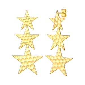 Golden geometric star drop earrings with honeycomb texture on three graduated stars