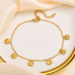 Gold shell pendant anklet with fan charms on white silk, minimalist summer jewelry