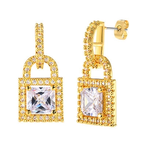 Elegant gold padlock earrings with square-cut zircon and micro-pave crystal accents