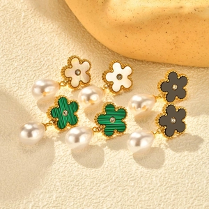 Three pairs of French-style stainless steel floral earrings with teardrop pearls