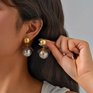 Vintage Geometric Brass Ball Drop Earrings For Women Retro Resin Flower Petal Gold Silver Color Block Dangle Earrings