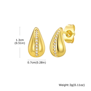 Vintage water drop gold earrings with white cubic zirconia and size dimensions display