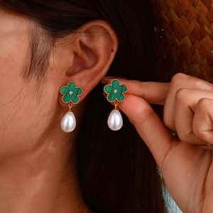 Elegant gold earrings with green textured flowers, cubic zirconia and drop pearls