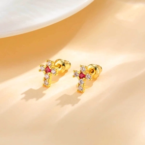 Boucles d'Oreilles Clous Croix en Cuivre Vintage pour Femme Avec Zirconia Rond Rouge Incrusté Électroplaqué Mode Bijoux Religieux