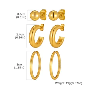 Size chart showing gold stainless steel ball studs and hoop earrings set dimensions