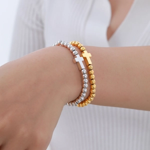 Ensemble de bracelets à billes en acier inoxydable avec pendentifs croix dorés et argentés