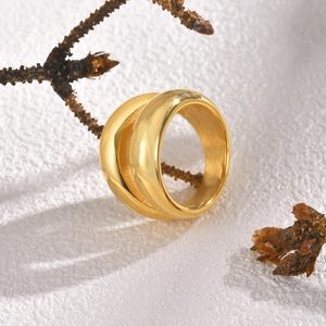 Modern double-layer wide gold stainless steel geometric ring on white texture