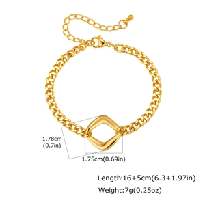 Gold stainless steel curb chain bracelet with hollow square pendant and lobster clasp