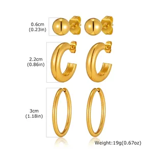 Size chart showing dimensions for the three-piece gold stainless steel hoop earring set