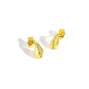 Vintage golden water drop earrings with shimmering zircon stones on a white background