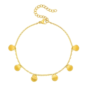 Gold stainless steel anklet with six shell charms and lobster clasp on white background