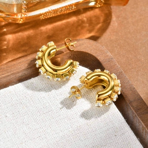 Women's Stainless Steel Gold C-Shaped Hoop Earrings With Rhinestone Inlaid Minimalist Daily Fashion Jewelry For Women