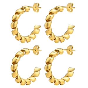Golden twisted rope C-shaped stainless steel hoop earrings with butterfly backings
