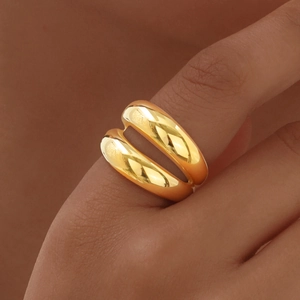 Macro detail of high-polished gold geometric double-layer wide ring on model's finger