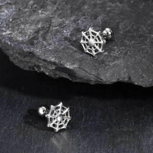 Punk style stainless steel spider web stud earrings for men with polished silver finish