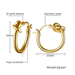 Boucles d'oreilles nœud dorées en acier inoxydable poli de 22 mm de diamètre pour femme