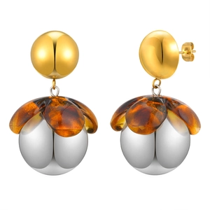 Vintage stainless steel floral stud earrings with large gold and silver metallic spheres