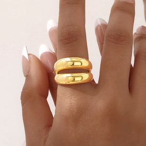 Close-up of a minimalist gold geometric ring with a double-layered polished mirror finish