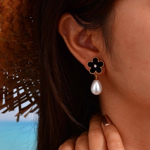 French style drop earrings with black clover flower, gold beads and a white teardrop pearl