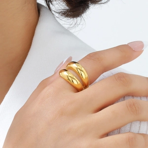 Modern Minimalist Stainless Steel Double Layer Wide Band Geometric Ring Mirror Polished Gold Fashion Jewelry For Women