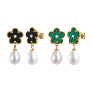 Elegant floral drop earrings with malachite, black acrylic petals and white pearls