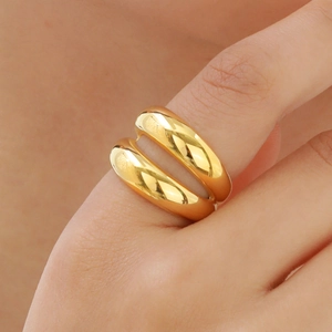 Minimalist double layered gold plated stainless steel geometric ring for women