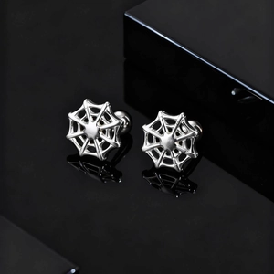 Polished silver stainless steel spider web stud earrings for men in punk gothic style