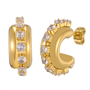 Gold C-hoop earrings with sparkling cubic zirconia stones and butterfly back closure